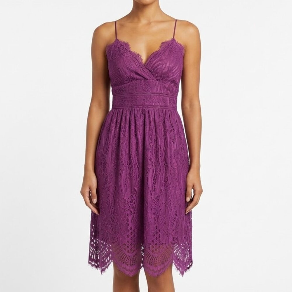 AOOKSMERY Purple Floral Lace Midi Dress NWT Lace Up Back Cocktail Wedding Guest